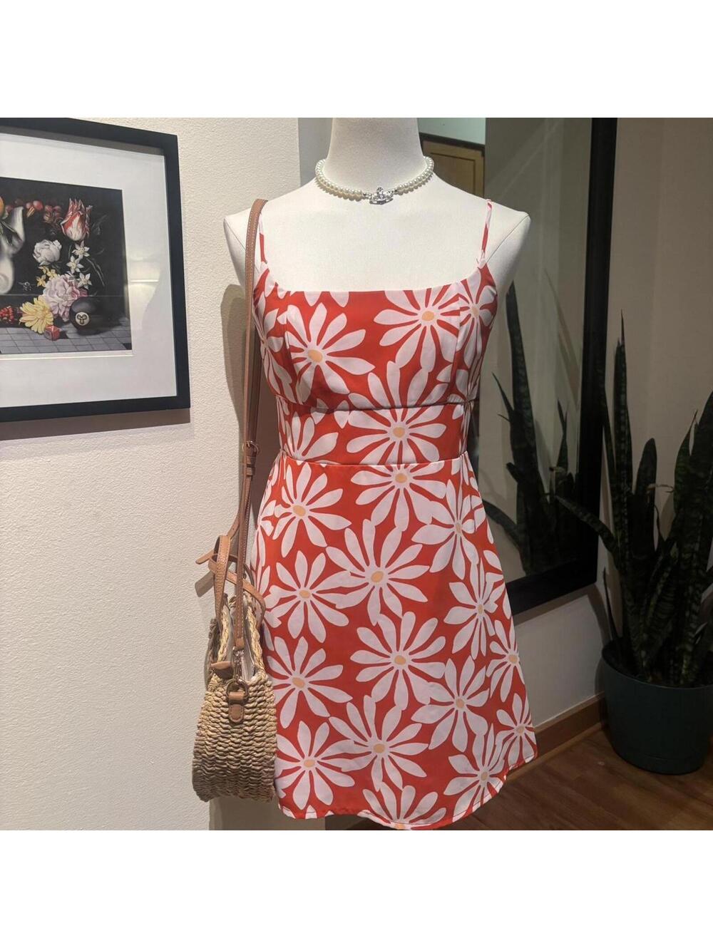 Retro Daisy Print Mini Dress Orange White Y2K Summer Beach Dress XS